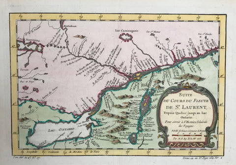 Copper etching by Bellin in modern hand coloring. Dated 1757.  This map is a continuation of the course of the St. Lawrence River from Quebec to Lake Ontario. To the north is western Quebec, the Ottawa River and part of Ontario. To the left of the cartouche is Lake Champlain which forms part of the borderline between Vermont and New York.