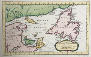 Copper etching by Bellin. Ca. 1755. Modern Hand coloring.  The Gulf of St. Lawrence is shown in careful detail. Newfoundland with its many bays that were already named has a slightly different shape then we see in a modern atlas. In the lower left is the Bay of Fundy. In the northwest are some of the many lakes of Quebec.