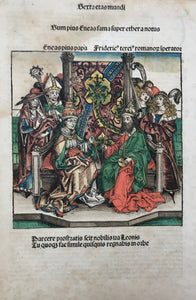 Title: Pope Aeneas Silvio Piccolomini (Pius II) meets Frederick III for coronation as Holy Roman Emperor in 1452  Type of Print: Woodcut  Color: Original. Superb. Royal!  Publisher: Hartmann Schedel  Published in: "Nuremberg Chronicle" . Page: CCLXVII = 267  Where: Nuremberg  When: 1493