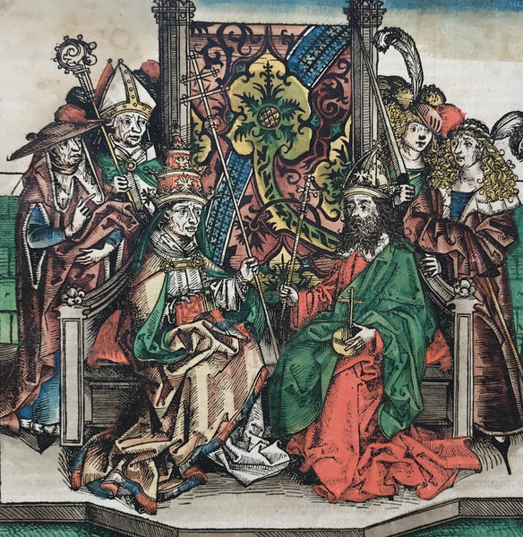 Title: Pope Aeneas Silvio Piccolomini (Pius II) meets Frederick III for coronation as Holy Roman Emperor in 1452  Type of Print: Woodcut  Color: Original. Superb. Royal!  Publisher: Hartmann Schedel  Published in: "Nuremberg Chronicle" . Page: CCLXVII = 267  Where: Nuremberg  When: 1493