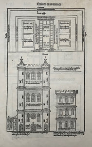 "De edificatione templi"  On either side of woodcut fictional plans of Solomon's Temple in Jerusalem. Following the Tent of Meeting (Tabernacle) this was the first Jewish temple built of stone. Nebukadnezar II. destroyed it. After the Babylonian captivity a second temple was built, which was lacking the most sacred part: The Ark of the Covenant, missing since the destruction of the first temple. The second temple was destroyed by the Romas. Left nowadays is only part of the temple's wall: The Wailing Wall.
