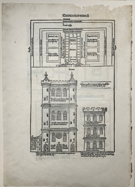 "De edificatione templi"  On either side of woodcut fictional plans of Solomon's Temple in Jerusalem. Following the Tent of Meeting (Tabernacle) this was the first Jewish temple built of stone. Nebukadnezar II. destroyed it. After the Babylonian captivity a second temple was built, which was lacking the most sacred part: The Ark of the Covenant, missing since the destruction of the first temple. The second temple was destroyed by the Romas. Left nowadays is only part of the temple's wall: The Wailing Wall.