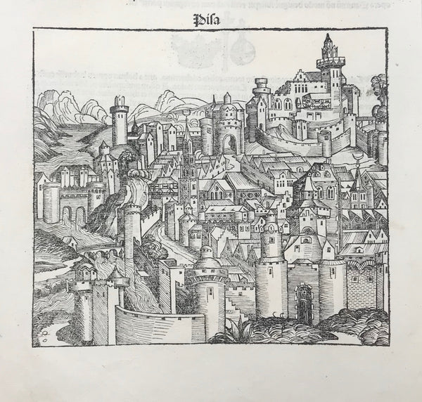 "Pisa"  Type of print: Woodcut  Edition: First edition Latin language  Folio / Page: XLV (45)  Published in: "Nuremberg Chronicle" (Schedsche Weltchronik)  Author: Hartmann Schedel  Where: Nuremberg, Germany  When: 1493
