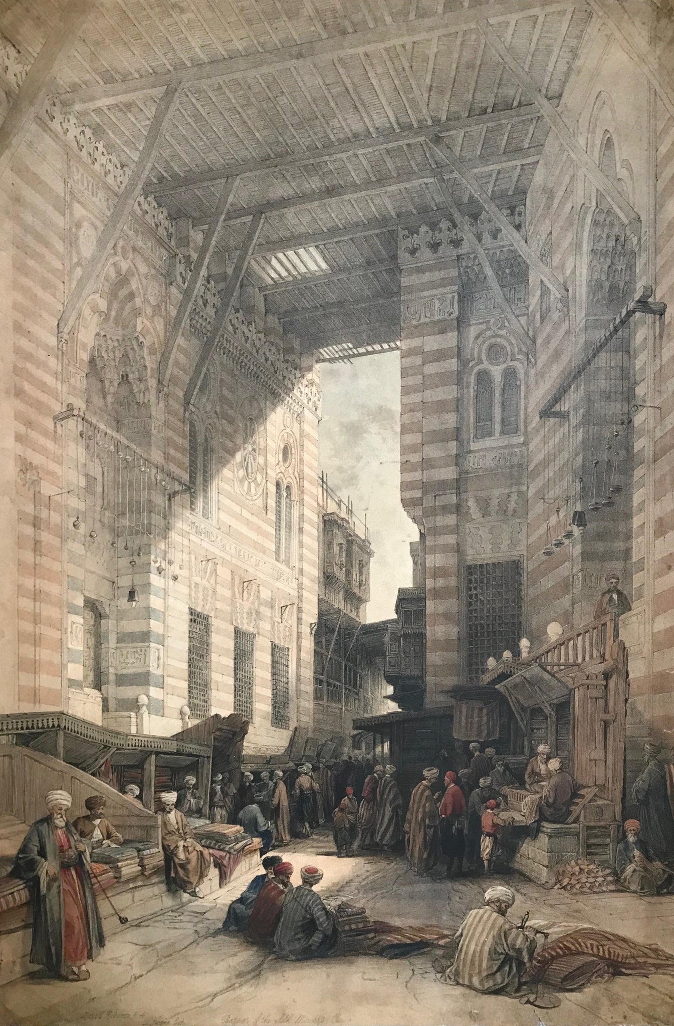 "Bazaar of the Silk Mercers, Cairo"  Lithograph by Louis Haghe (1806-1885). Printed in color after the painting by David Roberts (1796-1864)  Published in "Egypt & Nubia"  London, F.G. Moon, 1846-1849