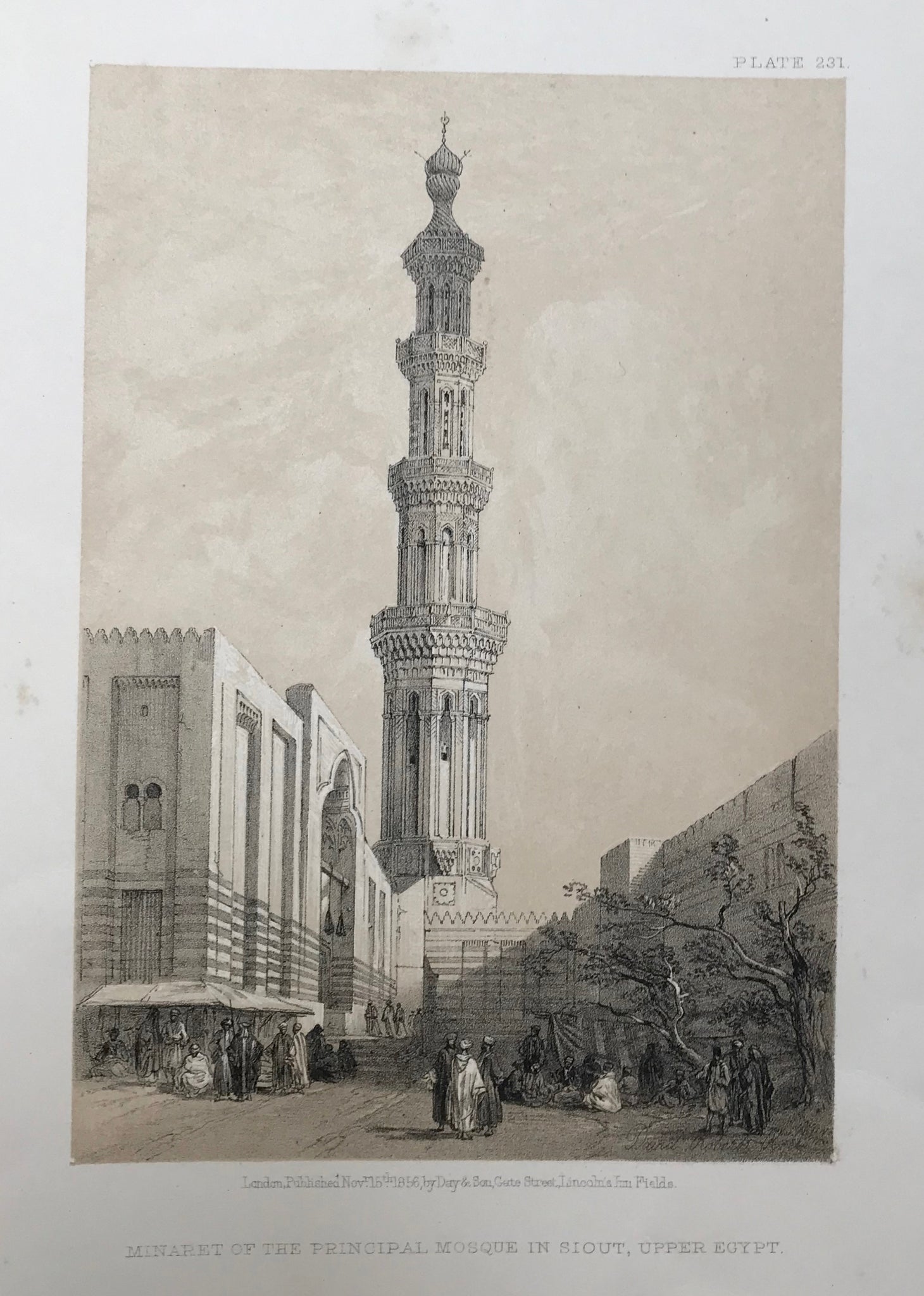 Original Antique Lithographs  by David Roberts  (1796 Edinburgh - London 1864)  "Minaret of the Principal Mosque in Siout, Upper Egypt"  This lithograph is from the 1855 edition published in quarto size by Day and Son in London. It is dated Nov. 15th, 1855. Included is an extra page of text.  Very minor spotting in margins. Fine, clean image.