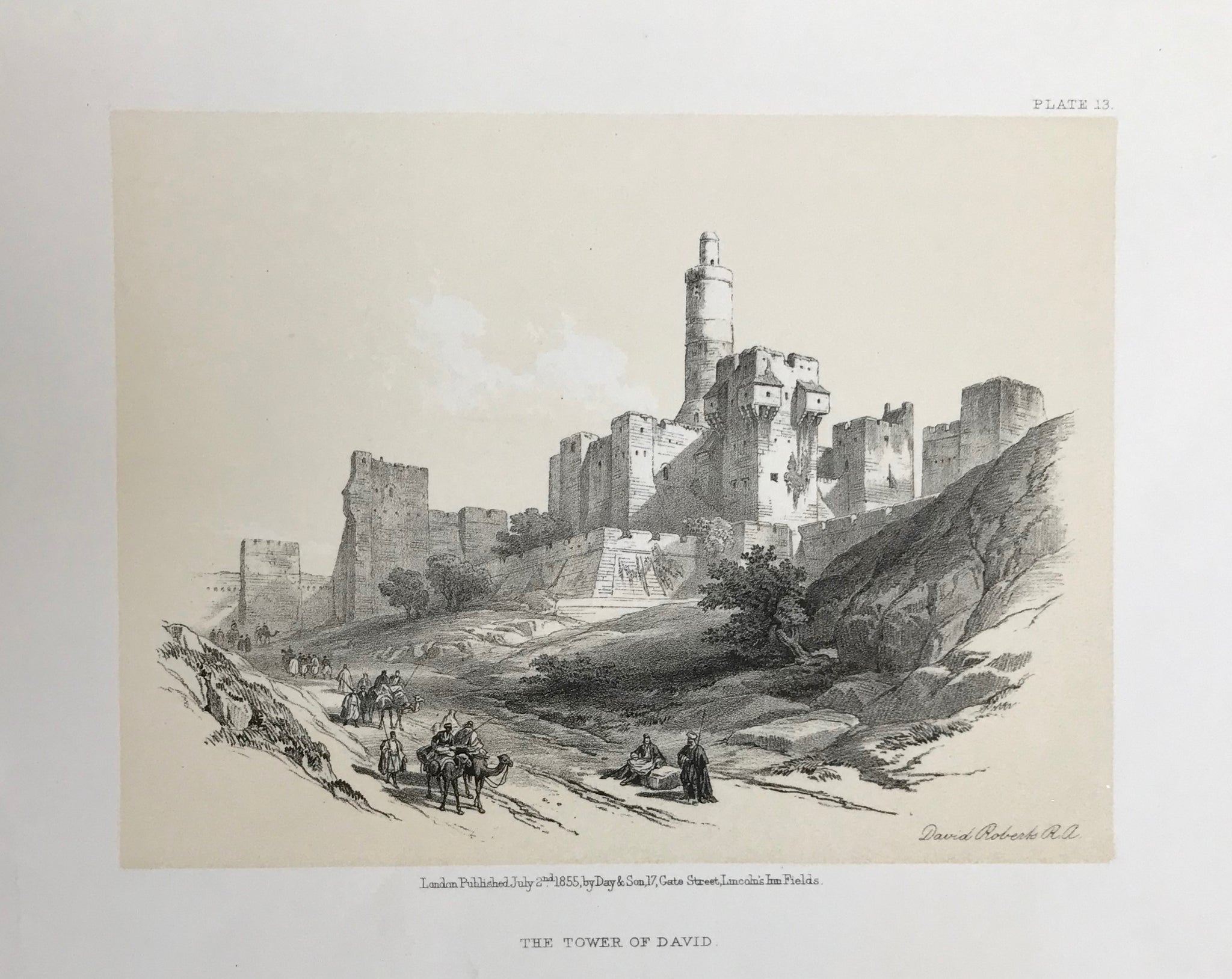 "The Tower of David"  This lithograph is from the 1855 edition published in quarto size by Day and Son in London. It is dated July 2nd, 1855.