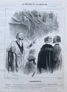 Lithograph by Charles Emile Jacque. Published in the series "Les Malades et les Medecins"  in "Le Charivari". Paris, 1843. Synopsis of text. The orthopedist suggests to his patient's parents, that the boy be actually in great health. And that the hunchback is the result of only too much fat.