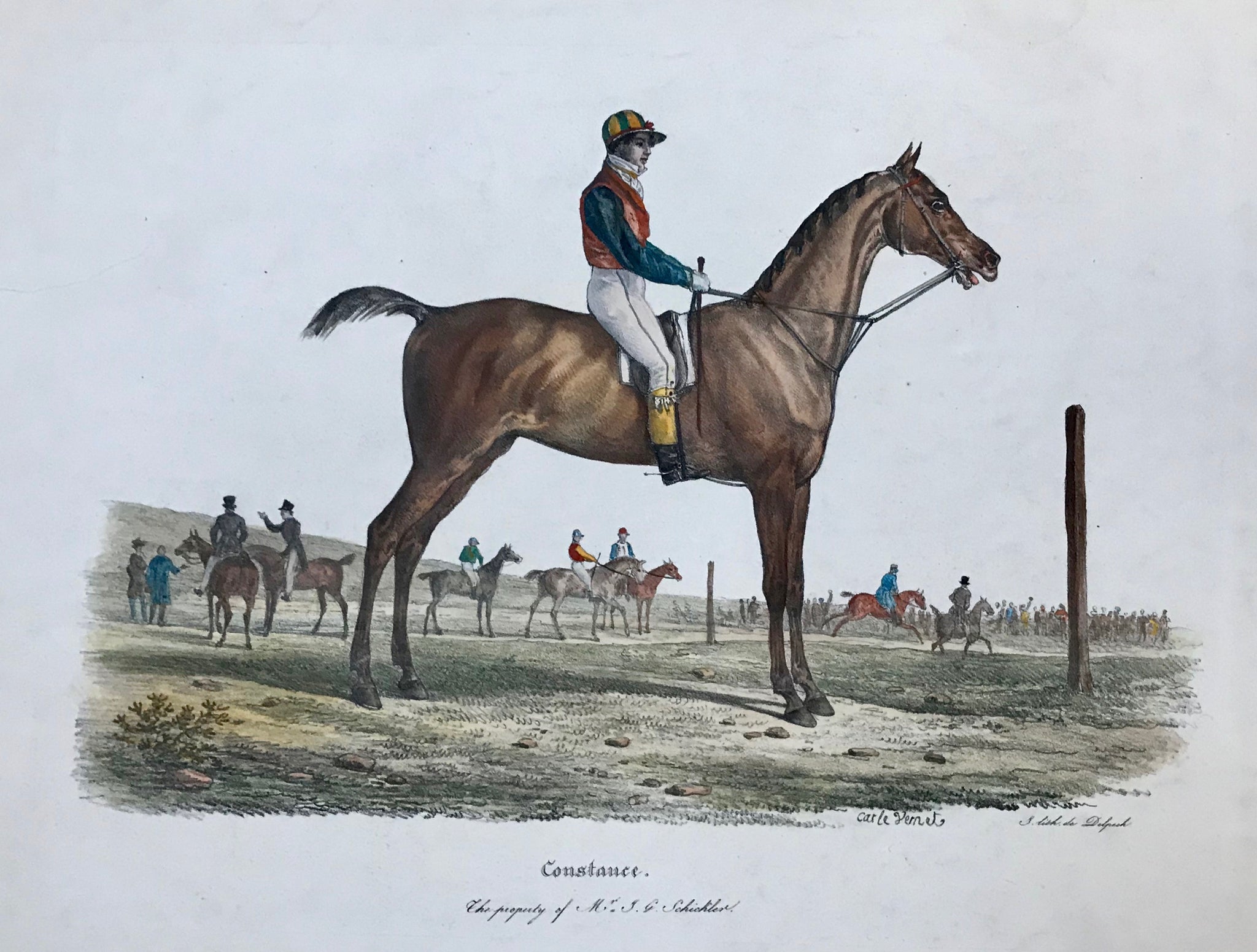 "Constance - The property of Mr. J.G.Schickler"  "Constance" with jockey mounted. In the background other race horses  Large folio size hand-colored lithograph by Francois Seraphin Delpech (1778-1825)  After the painting by Carle Vernet (1758-1736)
