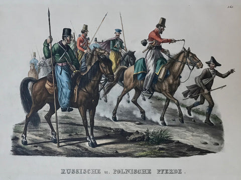 "Russische u. Polnische Pferde" (Russian and Polish Horses)  Lithograph by Schinz, published 1827 in Zurich. Original hand coloring.