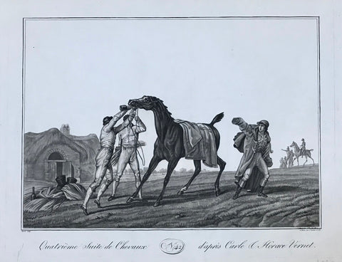 Quatrieme Suite de Chevaux d'apres Carle & Horace Vernet". (Doping of a Race Horse).  Aquatint by Carrée after the drawing by Carle and Horace Vernet.  Nr. 42 (4th suite) of Vernet's series ãRecueil de Chevaux Tous, Genres, Cessines". Paris ca. 1820.