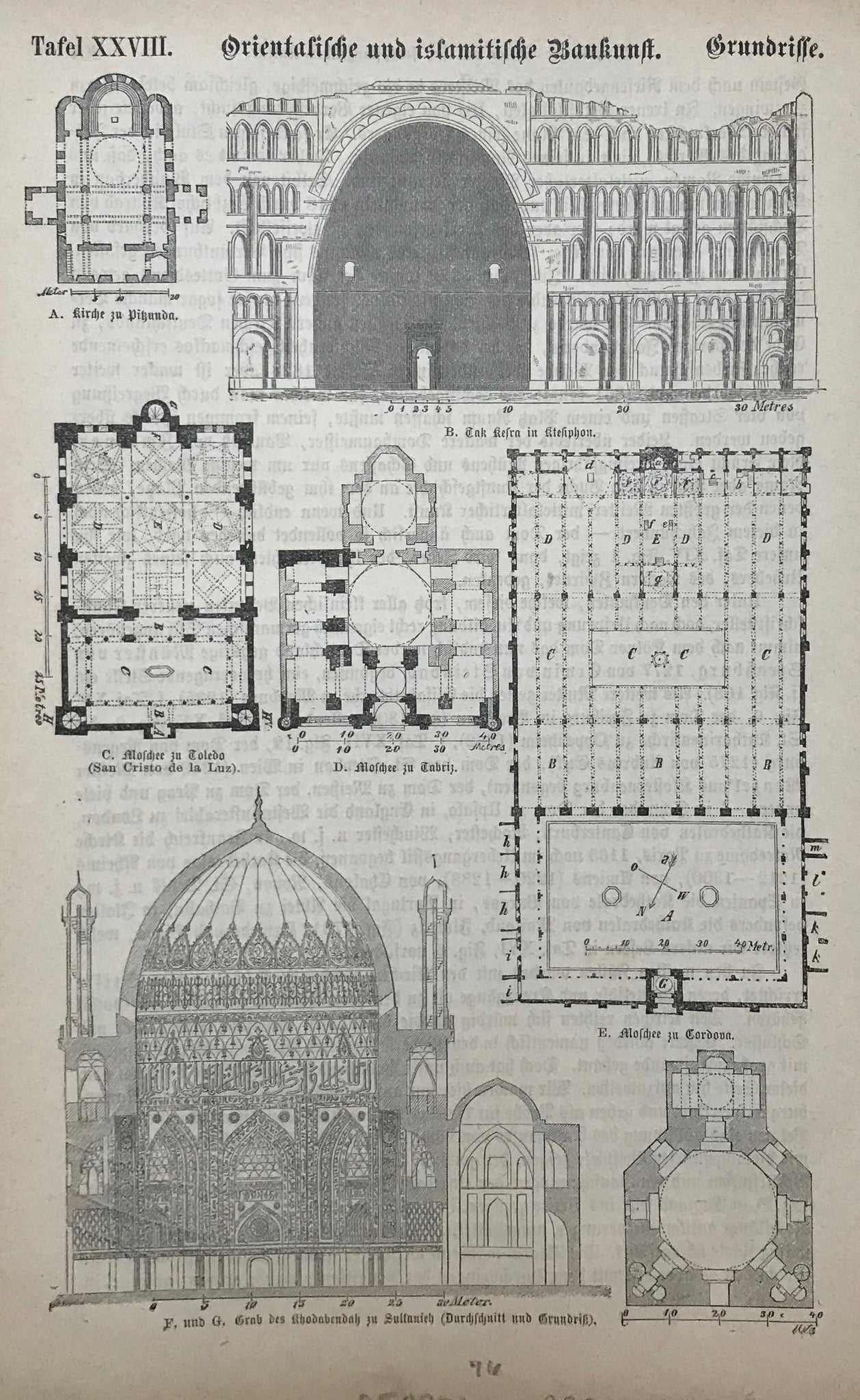 "Orientalische und islamische Baukunst"  Wood engraving published 1876 showing details of mosques in Toledo, Tabris and Cordoba.
