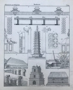 Chineische und Malyische  24.3 x 19.6 cm (9.6 x 7.7 ")  Architectural prints are from a German series "Baukunst" published ca 1800. These are copper engravings showing various architectural monuments from around the world.