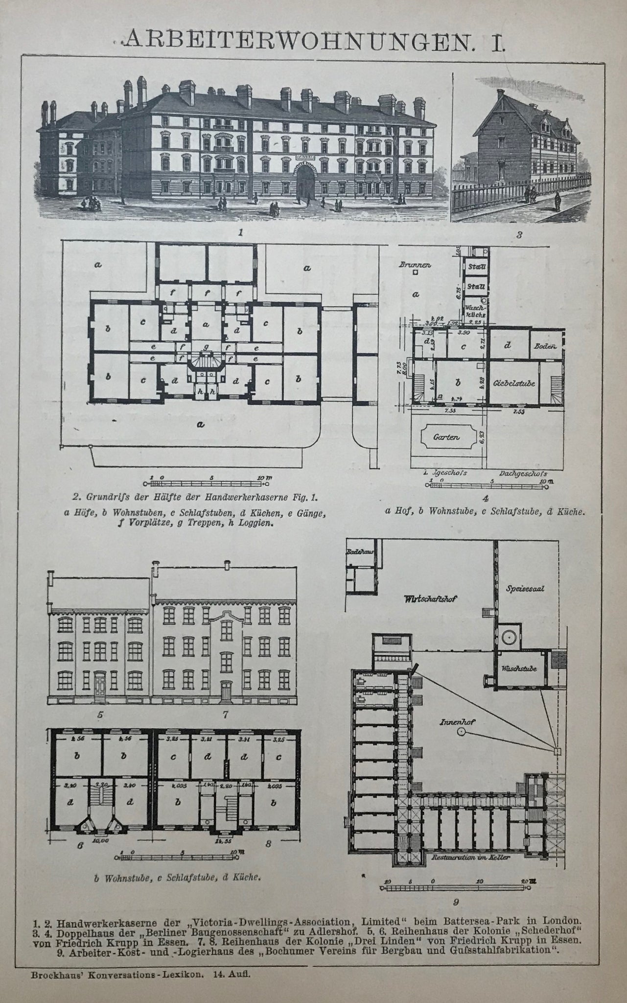 "Arbeiterwohnungen II"  Wood engravings showing various models of appartments for workers.  Krupp, Victoria-Dwellings-Association, Battersea Park et al.