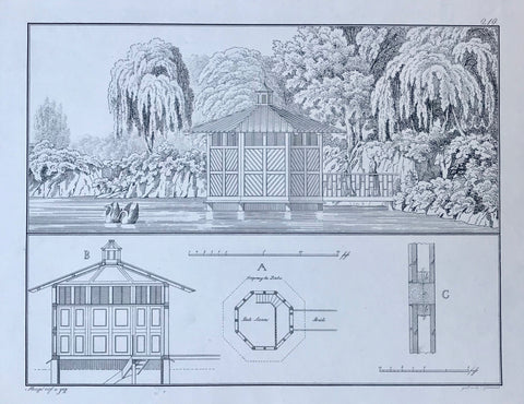 No Title. (Japanese-style architectural study)  Very interesting copper engraving by Th. Glassbrenner, 1833. Very god condition except for a thin crease in the left margin.