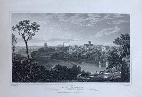 "S. E. View of The City of Chester"  "To George Omerod Esq. FSA Author of the History of Chesire,  this plate is inscribed by the Editor"  Steel engraving by JC Varrall after G.F. Robson. Published April 1, 1827 inLondon.