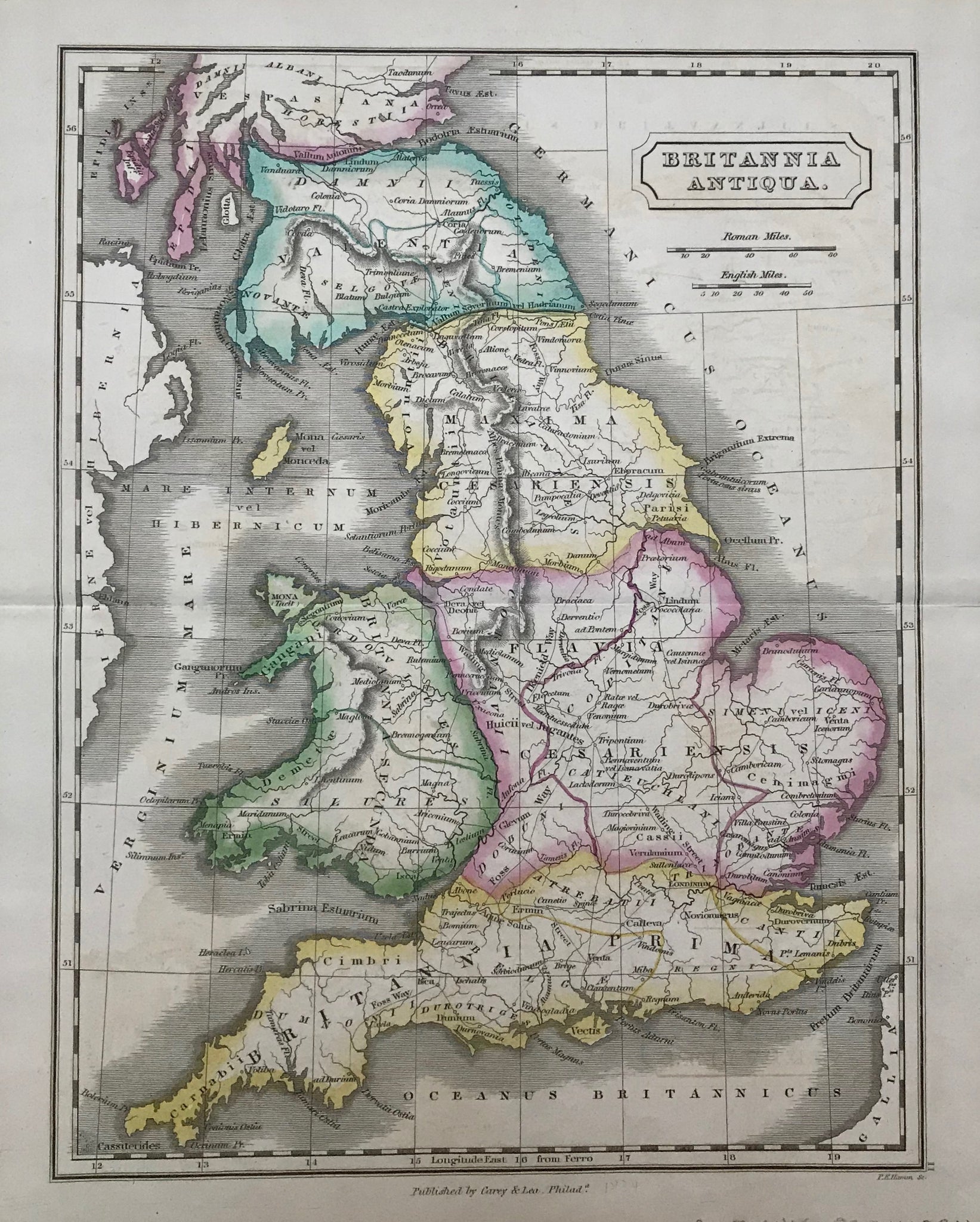 "Britannia Antiqua"  Engraved by P. E. Hamm for "The Atlas of Ancient Geography". Published in Philadelphia by Lea and Blanchard, 1844.  Original hand coloring. Horizontal centerfold to fit original abook size. Light age toning.