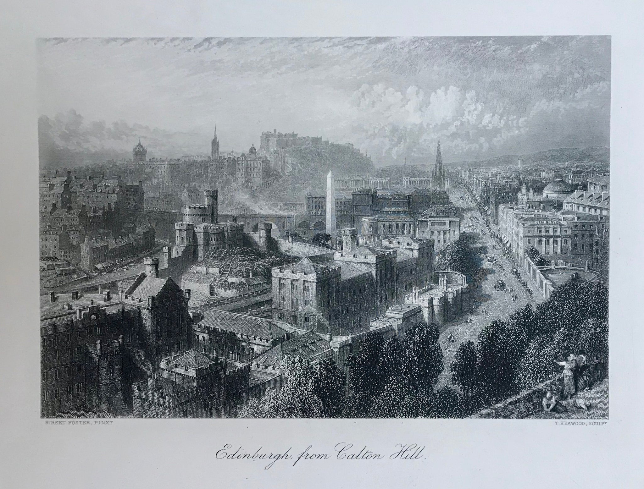 "Edinburgh from Carlton Hill"  Steel engraving T. Heawood after a painting by Birket Foster, ca 1850. Fine print.