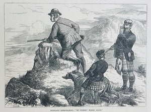 Highland Deerstalking: "By George! Missed again."  Wood engraving. Dated 1871. Reverse side is printed.