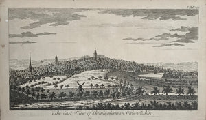The East View of Birmingham in Warwickshire.  Copperplate engraving ca 1780. Scattered spots in margins. Minor spotting in image. Small repaired hole in upper left margin.