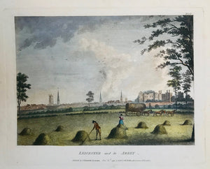 Leicester and its Abbey  Copper engraving published by J. Throsby in Leicester. Dated 1790. Recent hand coloring. 