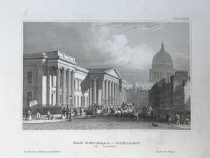 Das General-Postamt in London  Steel engraving from the Bibliographish. Institut in Hildburghausen ca 1845.P Clean print with wide margins.