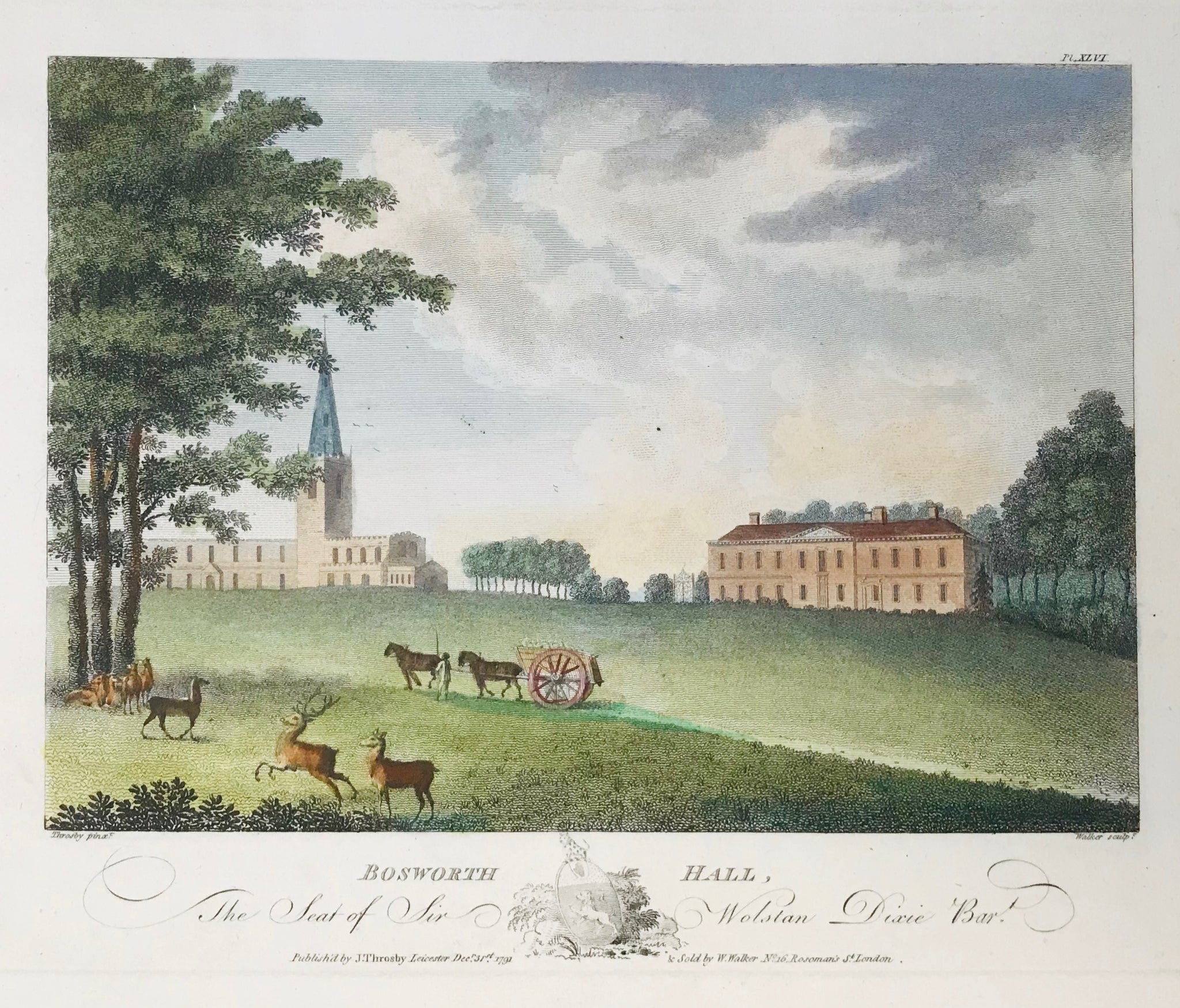 Bosworth Hall  The Seat of Sir Wolstan Dixie Bar  By Walker after Throsby dated 1791.  12.5 x 17.7 cm ( 4.9 x 6.9 ")  Castles, Landscapes and Estates of England and Scotland