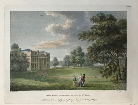    Grove House in Middleessex, the Seat of Mrs. Luther.  By W. Angus after W. Watts, dated 1792.  12.6 x 18.4 cm ( 4.9 x 7.2 ")  Castles, Landscapes and Estates of England and Scotland