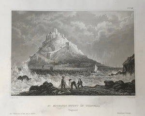 St. Michaell Mount in Cornwall (England)  Steel engraving by B. Metzroth after C. Reiss ca 1850. Wide margins.