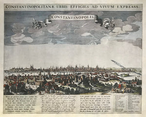 Constantinopolitanae Urbis Effigies Vivum Express In the decorative title ribbon: "Constantinopolis" General view of Istambul.  Copper etching by Justus Danckerts. Below image description in latin, dutch and french. Hand colored definately not recently, but probably not at time of printing. Lower right corner has identifyer of famous buildings in the city in dutch language. Amsterdam, ca. 1690