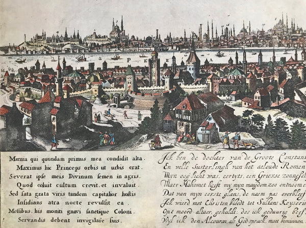 Constantinopolitanae Urbis Effigies Vivum Express In the decorative title ribbon: "Constantinopolis" General view of Istambul.  Copper etching by Justus Danckerts. Below image description in latin, dutch and french. Hand colored definately not recently, but probably not at time of printing. Lower right corner has identifyer of famous buildings in the city in dutch language. Amsterdam, ca. 1690