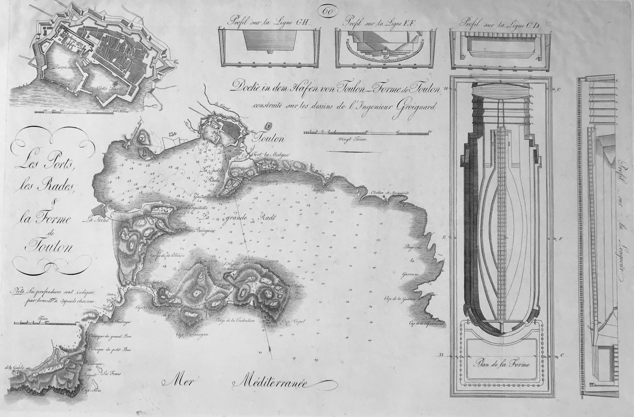 Toulon, FRANCE  "Les Ports, les Rades, & la Forme de Toulon"  Detailed plan of harbor and anchoring grounds of Toulon in France  Copperplate etching after the drawing by Antoine Groignard (1727-1798)  Published in: "Allgemeine und aufgeschriebene begründete theoretisch-praktische Wasserbaukunst"