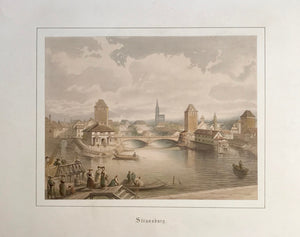 "Strassburg"  Lithograph printed in color. Laid down on stronger paper with title.  From a Rhine album. Ca. 1870.