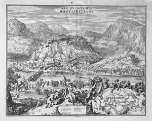 Large copper engraving by Romanus de Hooghe (1645-1708)  Datiert 1675  Birds-eye-view of the fortress and town of Montmelian. In the lower right is a plan of the fortress. The Isere River flows thriugh the center of the extraordinary print.