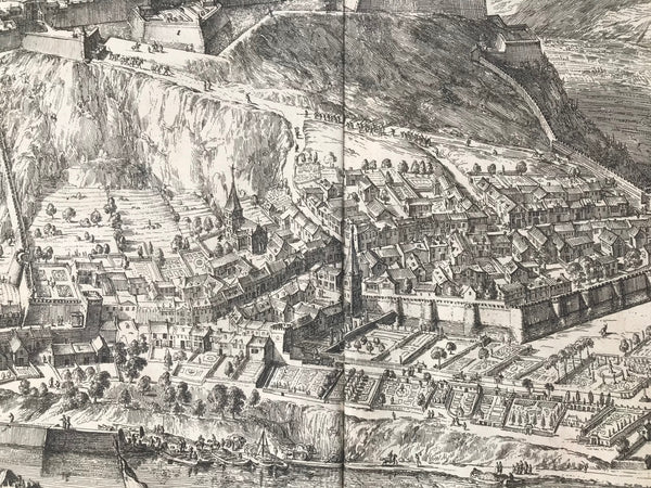 Large copper engraving by Romanus de Hooghe (1645-1708)  Datiert 1675  Birds-eye-view of the fortress and town of Montmelian. In the lower right is a plan of the fortress. The Isere River flows thriugh the center of the extraordinary print.