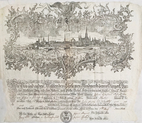 Vienna. Master craftman certificate for the production of textiles especially mousselin - with a general view of Vienna, Austria  This Master Certificate was issued and dated by hand May 7, 1808  Copper etching by Jacob Schmuzer. Vienna, ca. 1800.