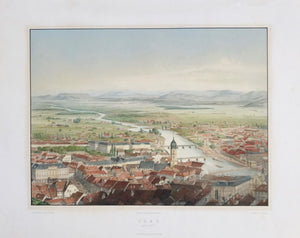 "Graz".  Lithograph by C. Reichert after his own drawing. Very fine not too recent hand coloring Printed by T. Schneider and published by Jamnik & Willmer. Graz, Ca. 1860.  Partial view (south side) of the city of Graz, capital of Steiermark, Austria.