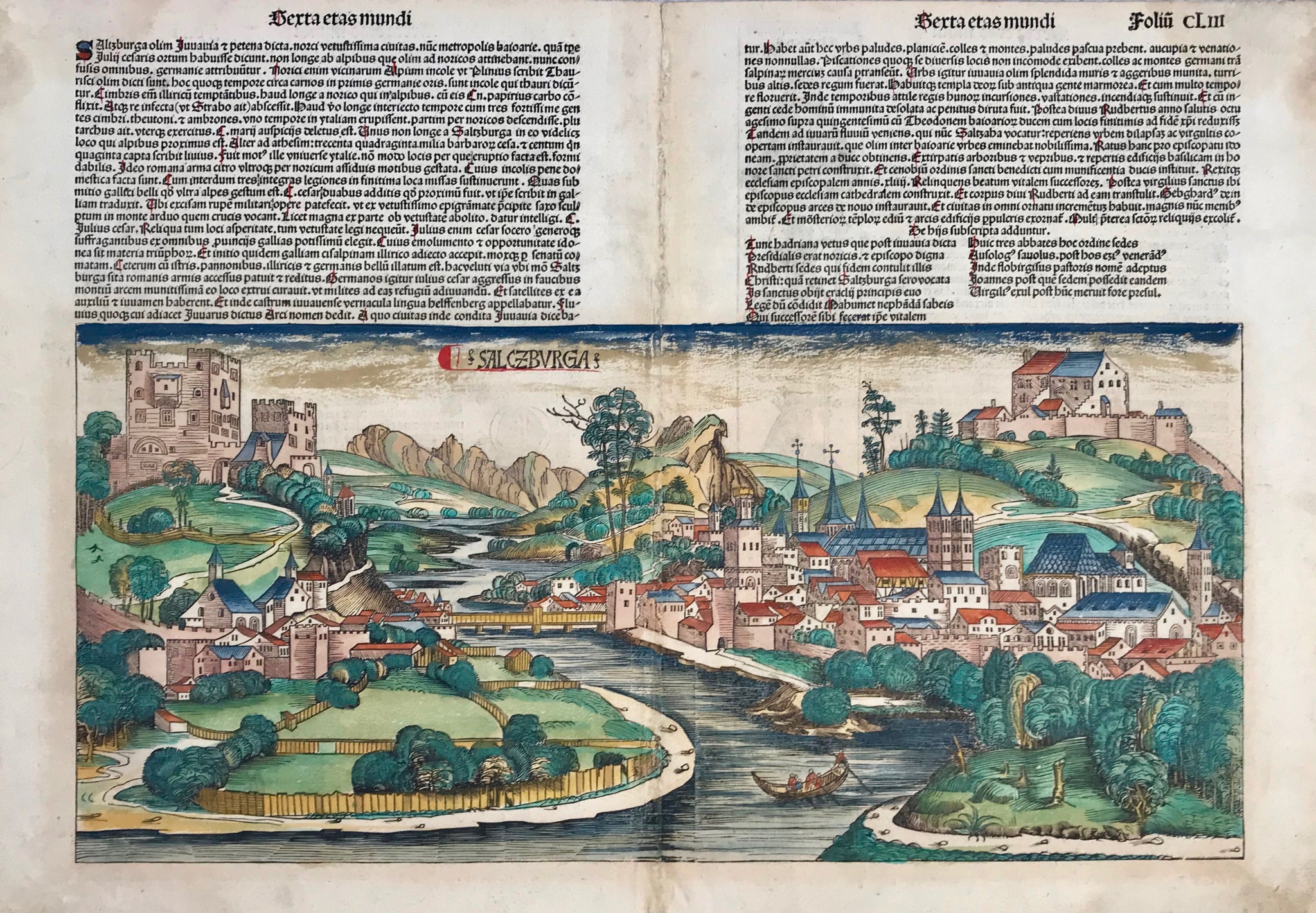 "Salczburga" (Salzburg first view inprint)  General view of the famous Austrian city.  Woodcut. Original hand coloring. Text in Latin with some letters emphasized in red ink.  On the left reverse side are images of Popes and on the right side are images of Gallus abbas, Joanes gerudines eps, Eligius episcopus and Rupertus episcopus.