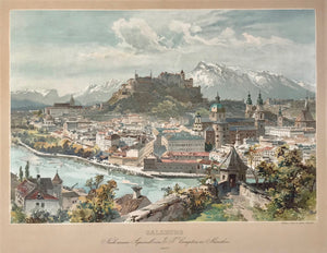 "Salzburg Nach einem Aquarell von E.T. Compton in Muenchen". (Salzburg after a water color by E.T. Compton).  Heliograph after Edward Theodor Compton (1849 - 1921). Published by Piloty & Loehle. Munich, ca. 1900.  This magnificent general view of Austria's most charming city is laid down on very large cardboard. 