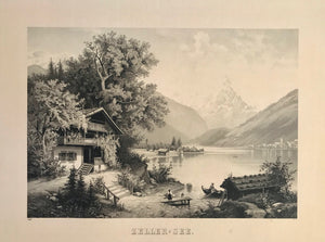 "Zeller-See"  Photogravure from a lithograph by an anonymous artist  Vienna, ca. 1880  Idyllic view of Zeller Lake towards the old part of Zell am See, before any big construction changed the landscape. (At that time Zell am See had under 2000 inhabitants verso almost 10000 in 2006). In the background we see snow-covered mountain Grossglockner.