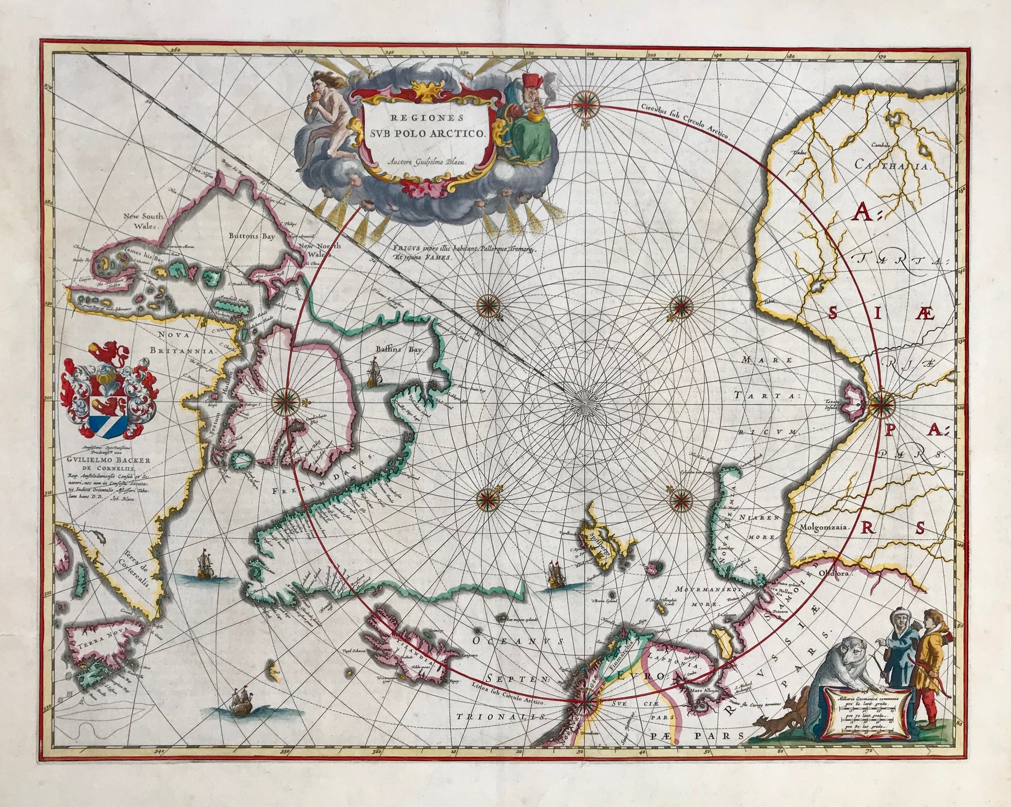 "Regiones sub Polo Artico". Copper etching by Wilhelm Janszoon Bleau. From the atlas edited by Willem Johann Bleau. Amsterdam, ca 1645. Hand coloring.  The North Pole is the center of this map which shows the coastlines of the countries in the Artic Circle.The decorative title cartouche is in the upper part of the map with cherubs and personifications of the wind and winter. 