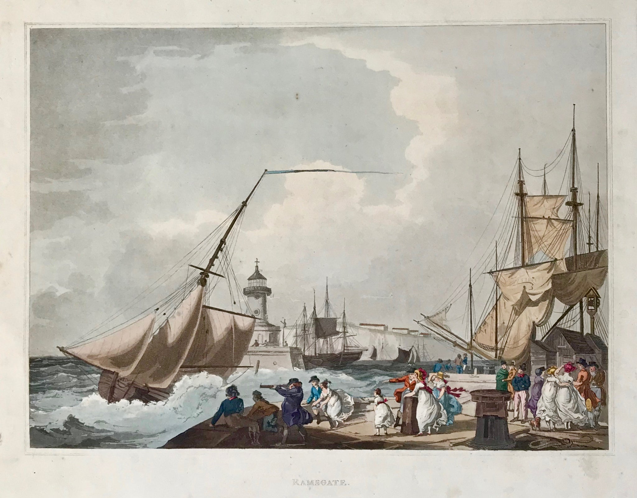 "Ramsgate"  Fine aquatint by William Pickett after the artist Philippe Jacques de Loutherbourg.  Published ca 1824. Exquiste, original hand coloring.  From the book " The Romantic and Picturesque Scenery of England and Wales".