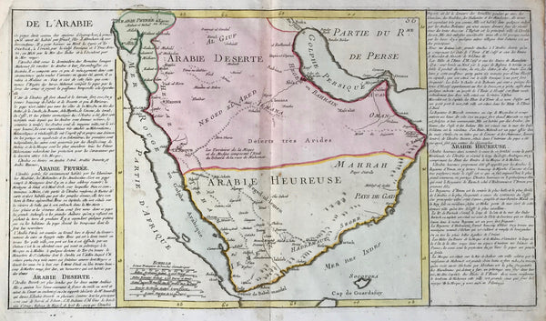 Copper engraving map of Arabia by Jean Baptise Louis Clouet. Published 1787 in Paris. Published in "Geographie modern avec une introduction"  On both side of the map is detailed information about the many ports and geography of Arabia.