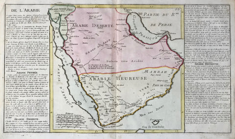 Copper engraving map of Arabia by Jean Baptise Louis Clouet. Published 1787 in Paris. Published in "Geographie modern avec une introduction"  On both side of the map is detailed information about the many ports and geography of Arabia.