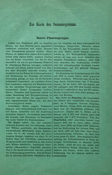 "Sonnensystem: Innere-Planetengruppe"  Lithograph by L. Ravenstein, printed in color, 1890. Vertical centerfold.  Extra page of text ( in German ) with interesting information and statistics.