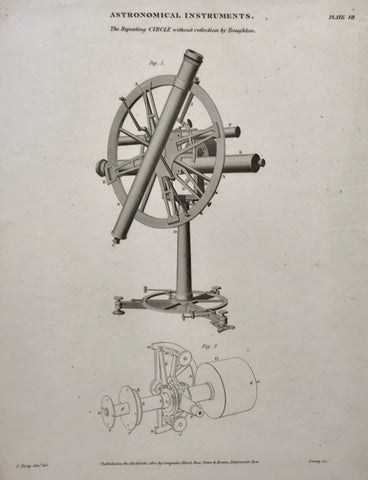 "Astronomical Instruments" "The repeating circle without reflection by Troughton"  Copper engraving by Lowry after J. Farey dated 1820. Published in London