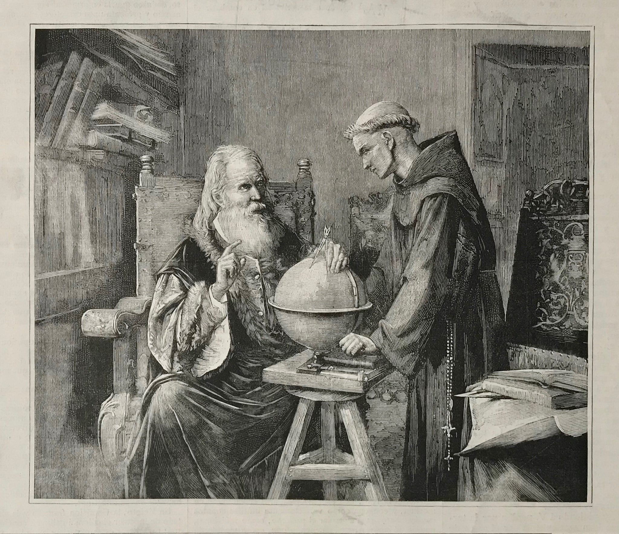 "Galileo Demonstrando sus Teorias Astronomicas"  Wood engraving made after the painting of the Mexican artist Felix Parra.
