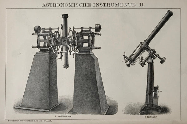 "Astronomische Instrumente" Photographischer Refraktor, Heliometer   Reverse side:  Beobachtungsstuhl, Meridiankreis, Refraktor"  Wood engraving 1895. 