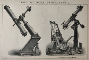 "Astronomische Instrumente" Photographischer Refraktor, Heliometer   Reverse side:  Beobachtungsstuhl, Meridiankreis, Refraktor"  Wood engraving 1895. 