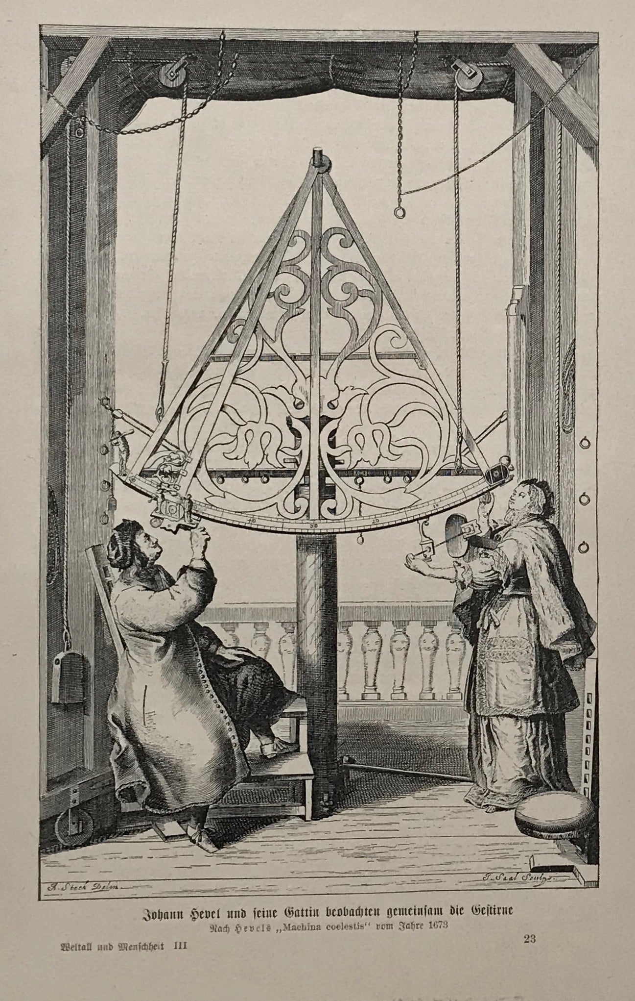 "Johann Hevel und seine Gattin beobachten gemeinsam die Gestirne"  Wood engraving ca 1900. Reverse side is printed.