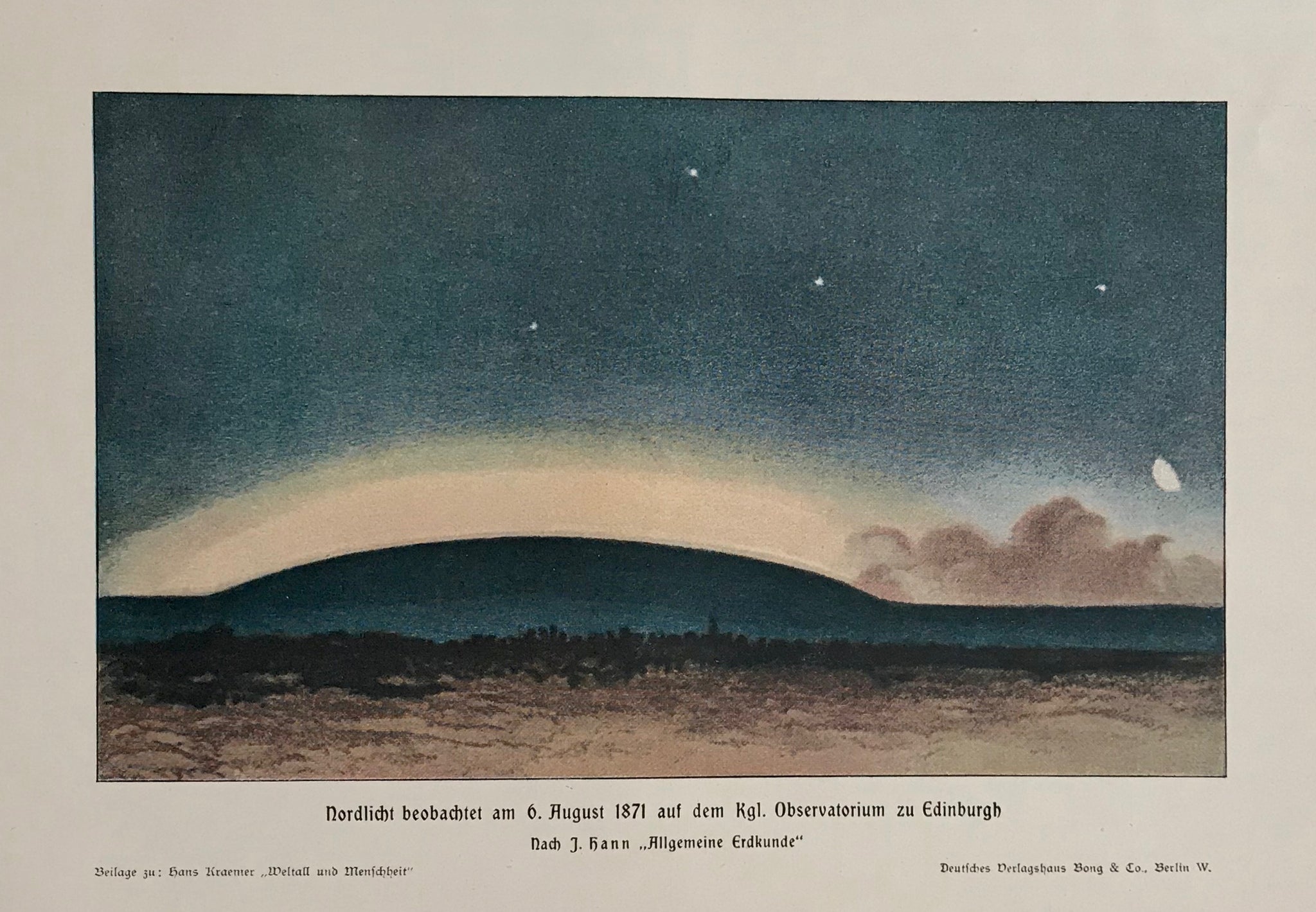 "Nordlicht beobachtet am 6. August 1871 auf dem Kgl. Observatorium zu Edinburgh"  Wood engraving printed in color ca 1900.